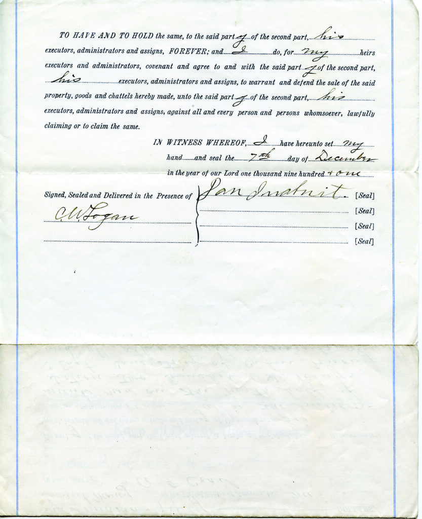Front and back of bill of sale to Frank Crail purchasing 160 acres in Big Sky at $150 in 1901. Photograph courtesy of Historic Crail Ranch Museum